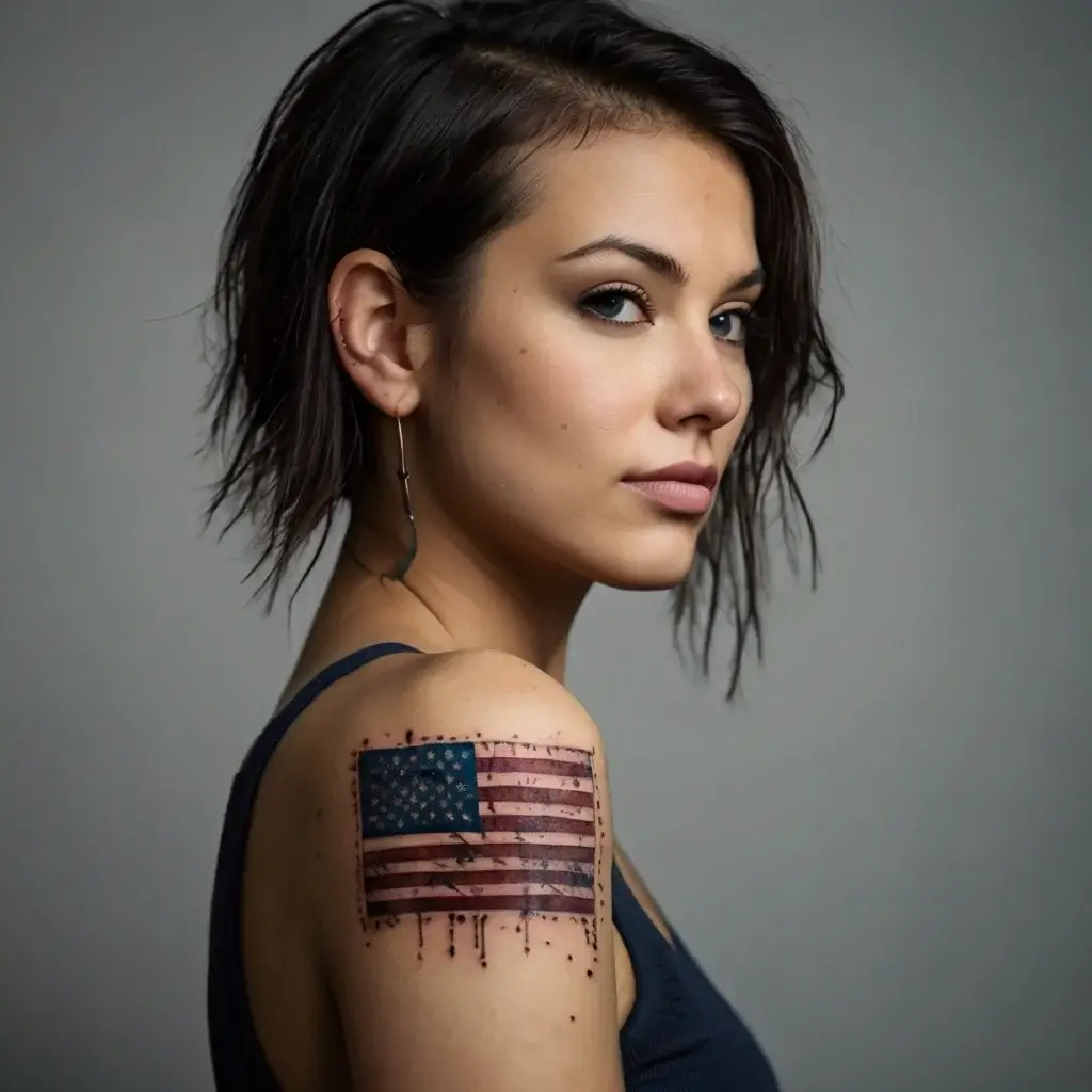 Tattoo of a tattered American flag with red and blue ink drips, symbolizing resilience and patriotism on the upper arm.