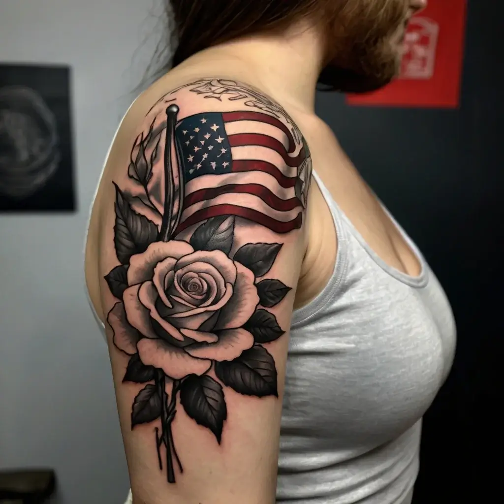 Tattoo of a detailed rose with an American flag, symbolizing patriotism and beauty, inked on the upper arm.