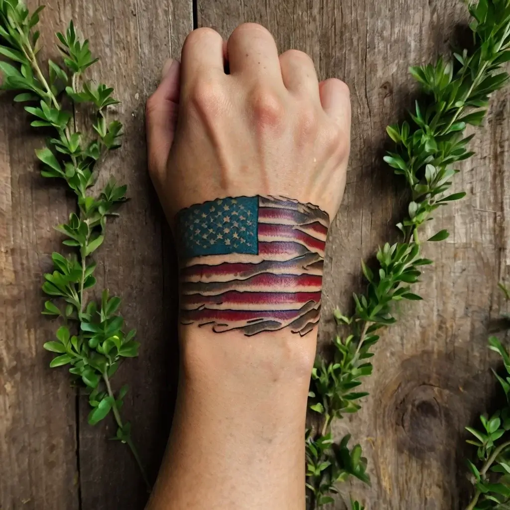 Tattoo of a 3D ripped skin effect revealing an American flag on the hand, symbolizing patriotism beneath the surface.