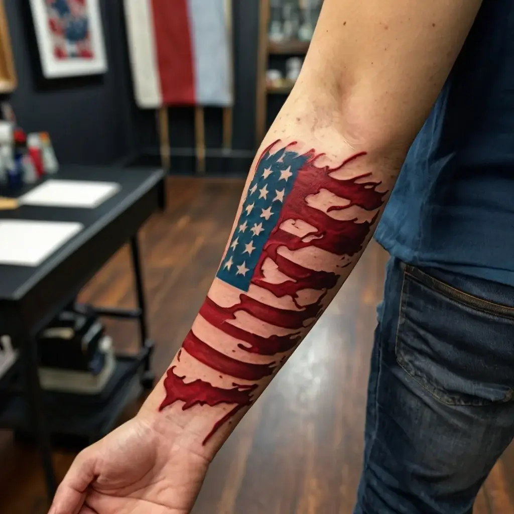 Tattoo of a ripped American flag on the forearm, showcasing vivid stars and stripes with dramatic torn edges.