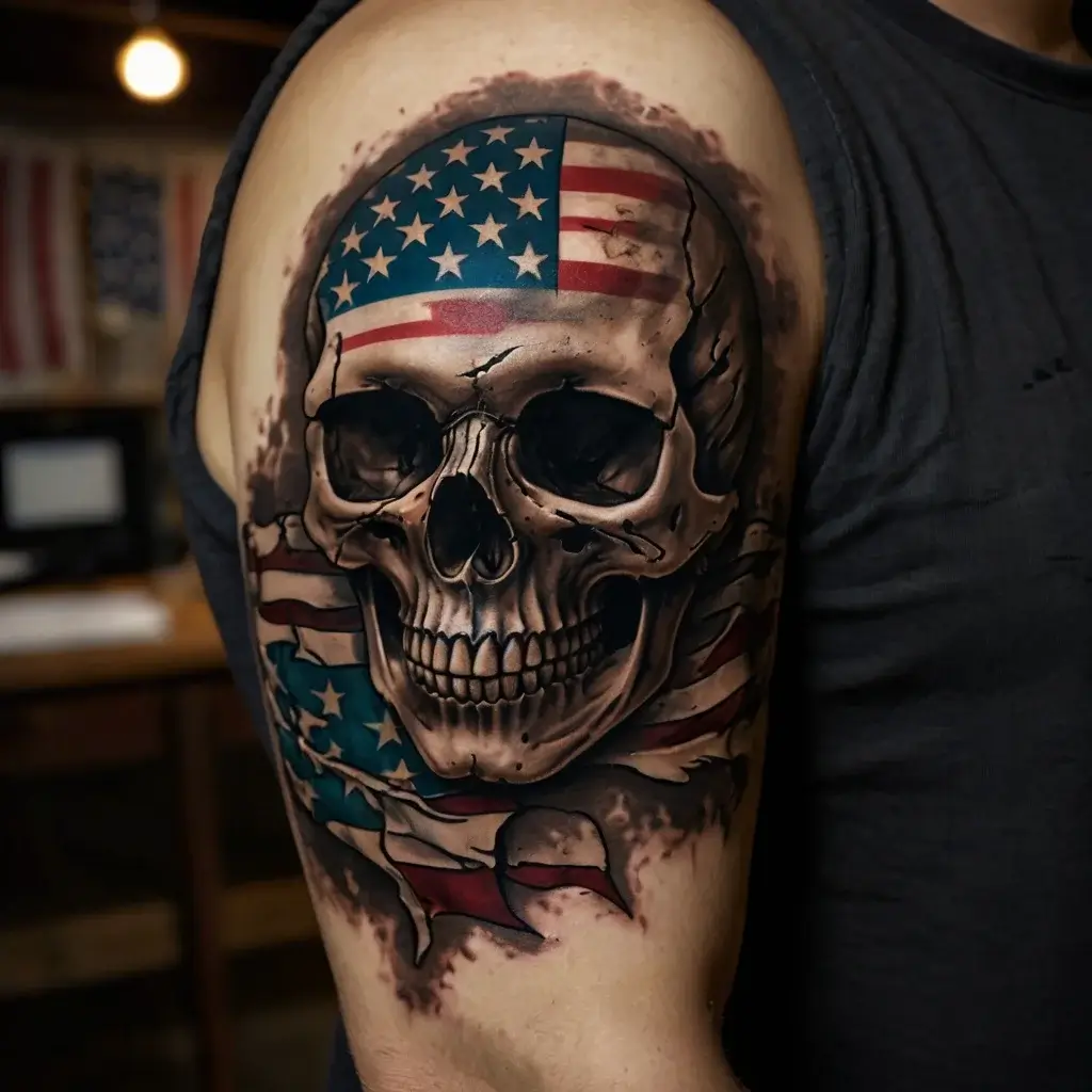 Tattoo of a realistic skull with American flag pattern, showcasing vibrant colors and intricate shading on the upper arm.