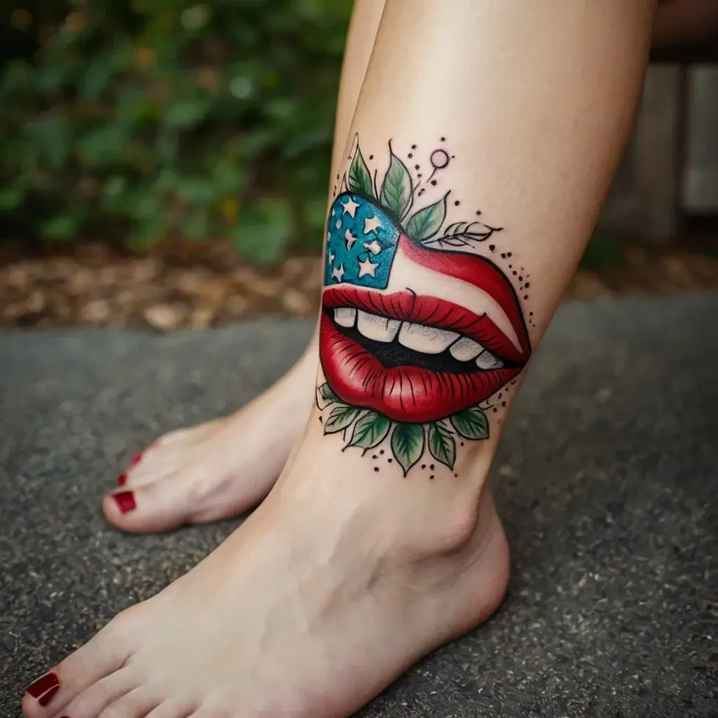 Tattoo of red lips with an American flag bite, surrounded by green leaves, blending bold colors and patriotic elements.