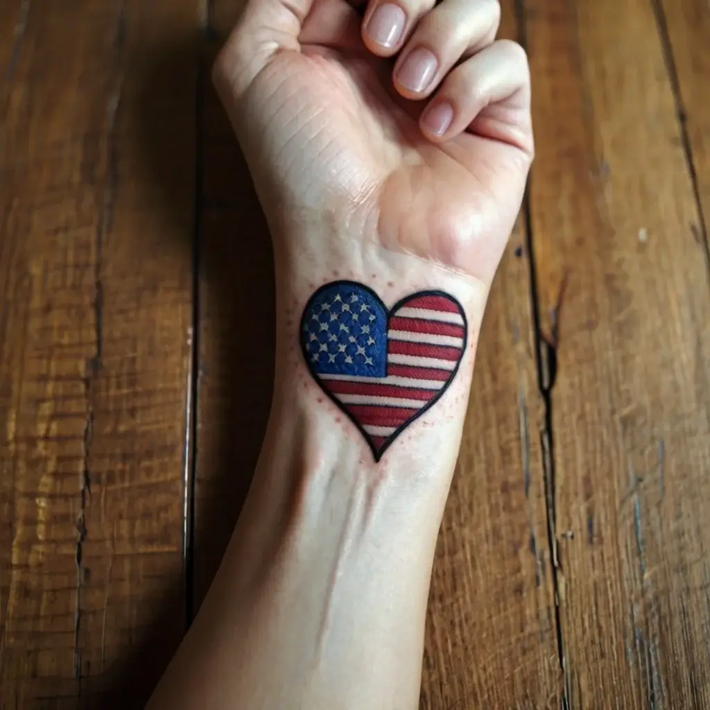 Heart-shaped tattoo with the American flag design, featuring stars and stripes, on the wrist. Subtle redness around the ink.