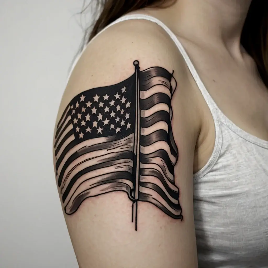 Tattoo of a waving American flag on the upper arm, featuring detailed black and gray shading for a realistic effect.