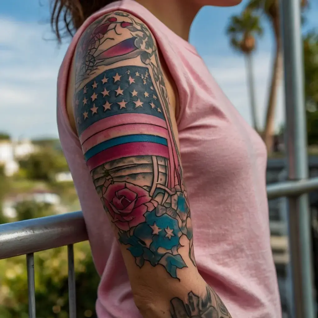 Colorful sleeve tattoo featuring stars, roses, and stripes in shades of blue, pink, and purple.