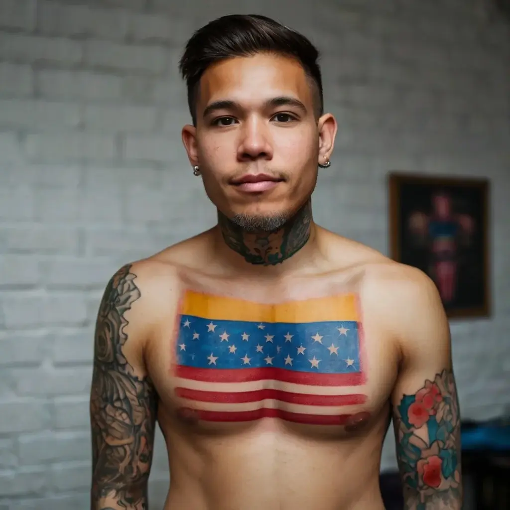 Chest tattoo of a hybrid flag with stars and stripes, integrated with blocks of yellow and red, surrounded by floral motifs.