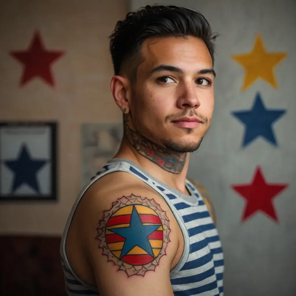 A colorful star tattoo on the shoulder, featuring a blue star over red and yellow stripes, encircled by an intricate black design.