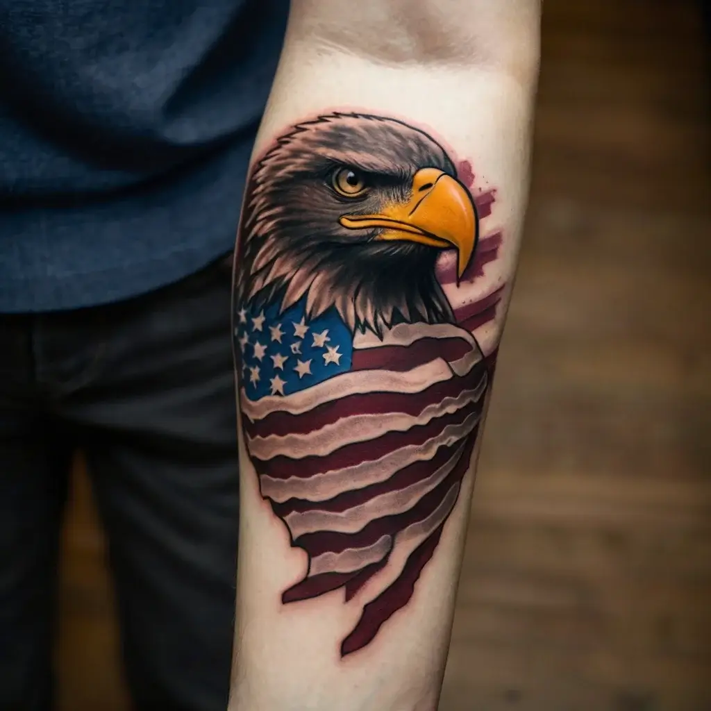 Tattoo of a bald eagle with piercing eyes, set against a U.S. flag backdrop, symbolizing strength and patriotism.