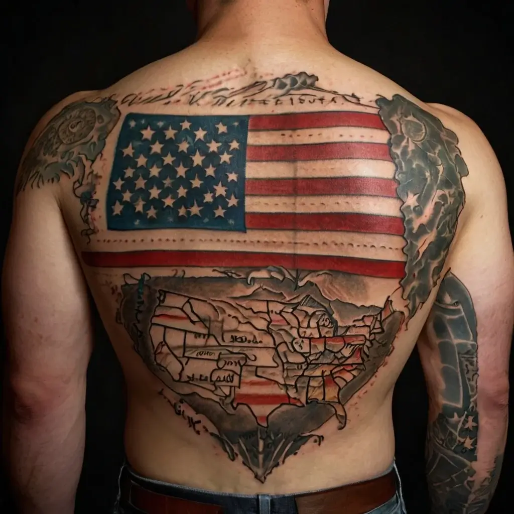 Back tattoo featuring a detailed American flag atop a torn map of the USA, bordered by intricate shading and patterns.