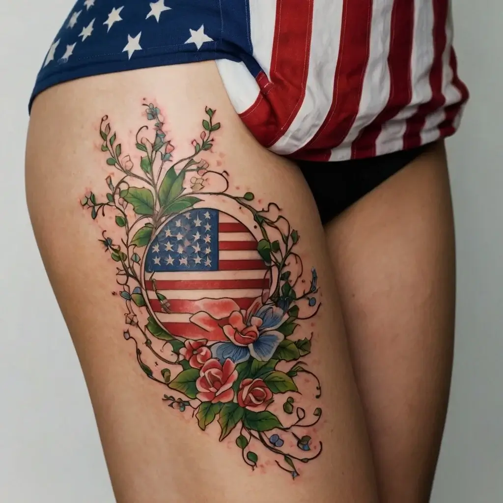 Tattoo of the American flag within a floral wreath on the thigh, featuring roses and delicate green vines.