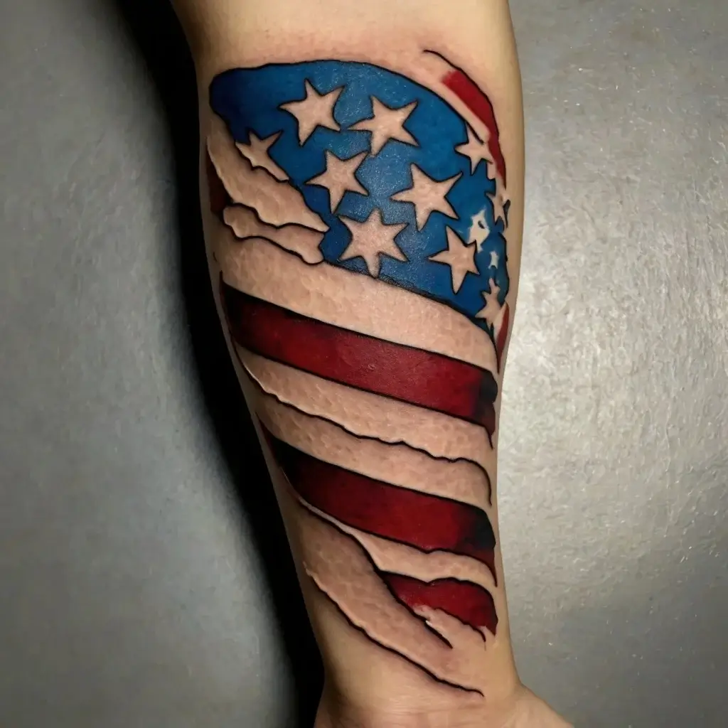 American flag tattoo with realistic 3D torn skin effect, showcasing stars and stripes on the arm.