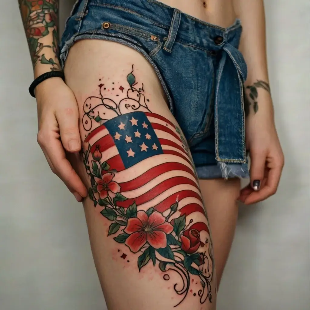 American flag tattoo with flowing stripes, stars, and vibrant flowers entwined, symbolizing patriotism and beauty.