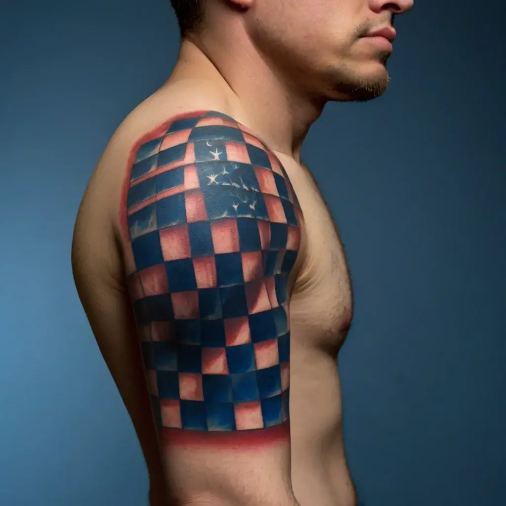 Tattoo of an American flag-themed checkered pattern on the upper arm, blending stars and stripes in vibrant colors.