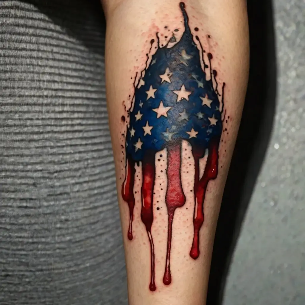 Tattoo of a dripped American flag with blue field of stars above red, white stripes, creating a melting paint effect.