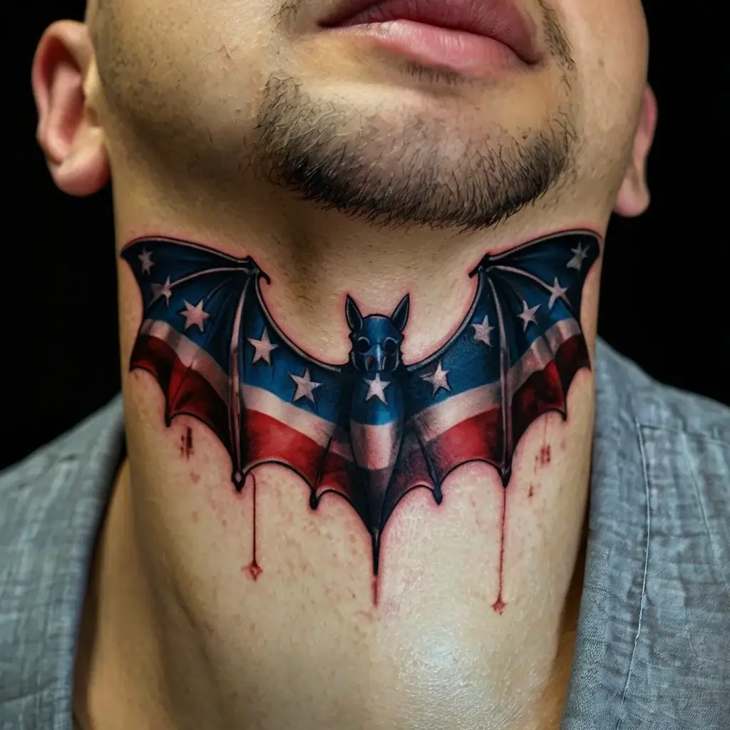 Tattoo of a bat with wings displaying the American flag pattern on a neck, featuring stars and stripes in bold colors.