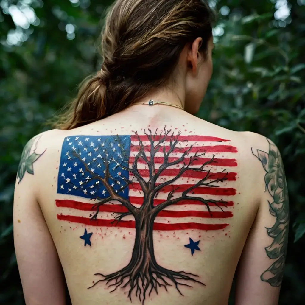 Tattoo of a leafless tree rooted in an American flag on the back, symbolizing growth and connection to heritage.