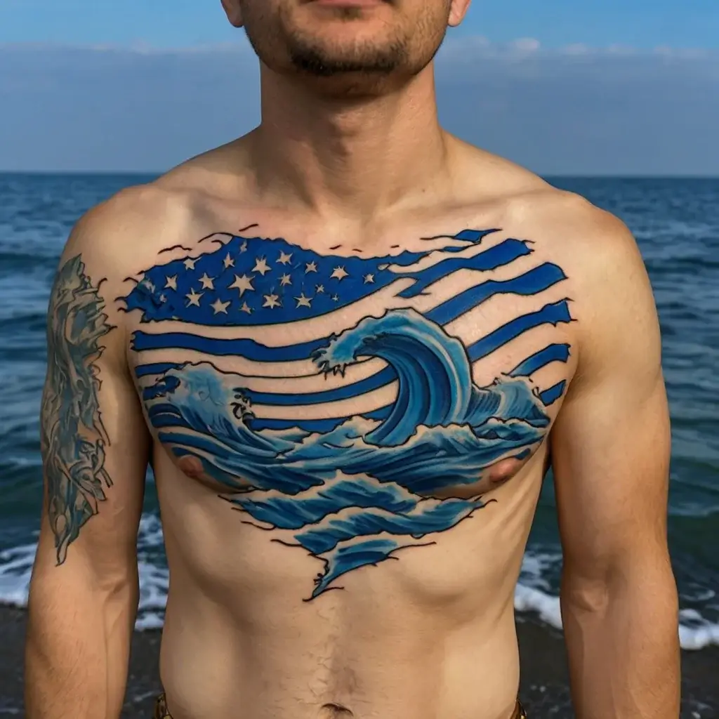 Chest tattoo of stylized waves integrated with the U.S. flag design, mixing blue waves with stripes and stars.