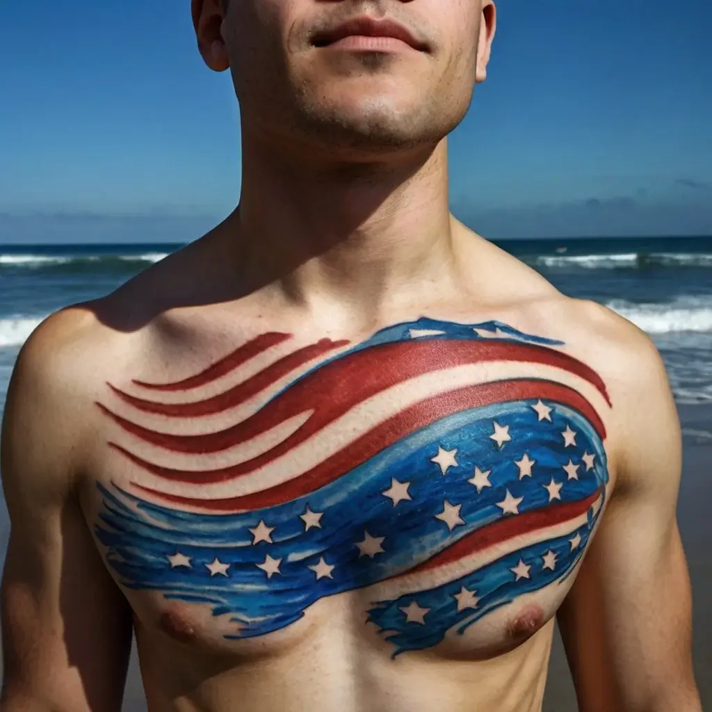 Tattoo of a stylized American flag across the chest, with dynamic red stripes and white stars on a blue field.