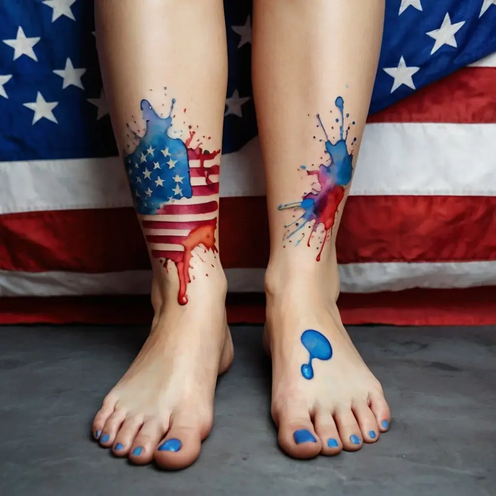 Watercolor tattoos with American flag elements on legs; one with stars and stripes, and colorful splashes on feet.