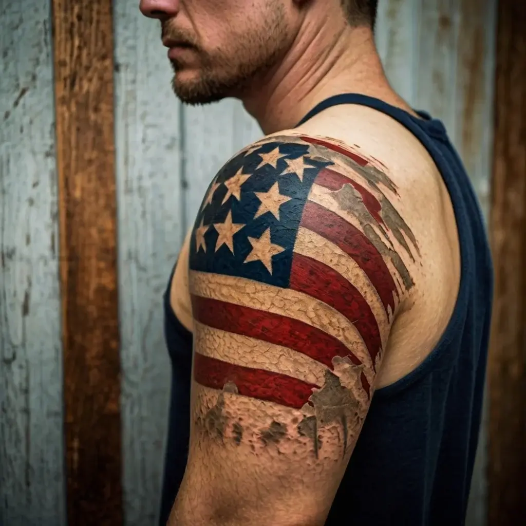 Tattoo of a weathered American flag covering arm and shoulder, stars and stripes fading into silhouettes of soldiers.