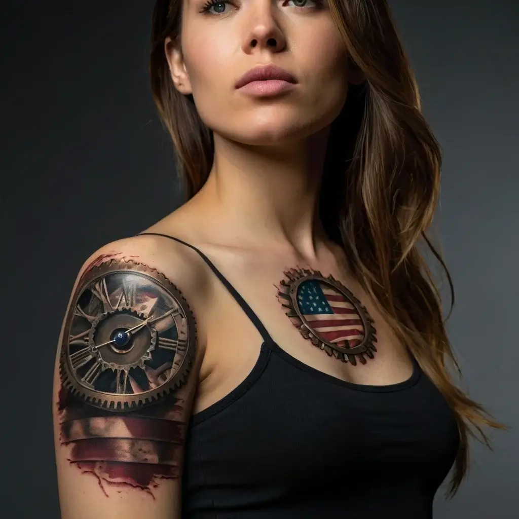 Woman with realistic tattoos: a clock with gears on her shoulder and a torn American flag design on her chest.