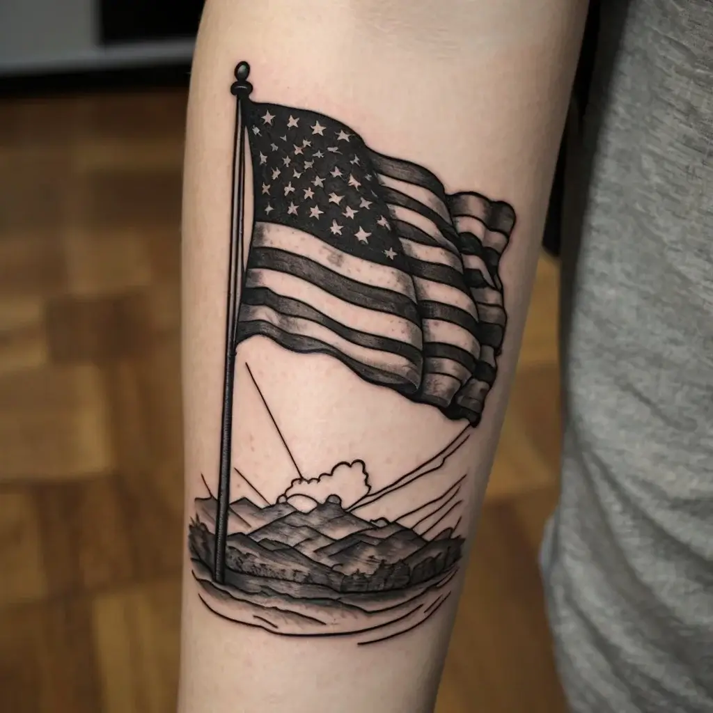 Realistic American flag tattoo waving above mountains and water, detailed shading and line work show movement and depth.