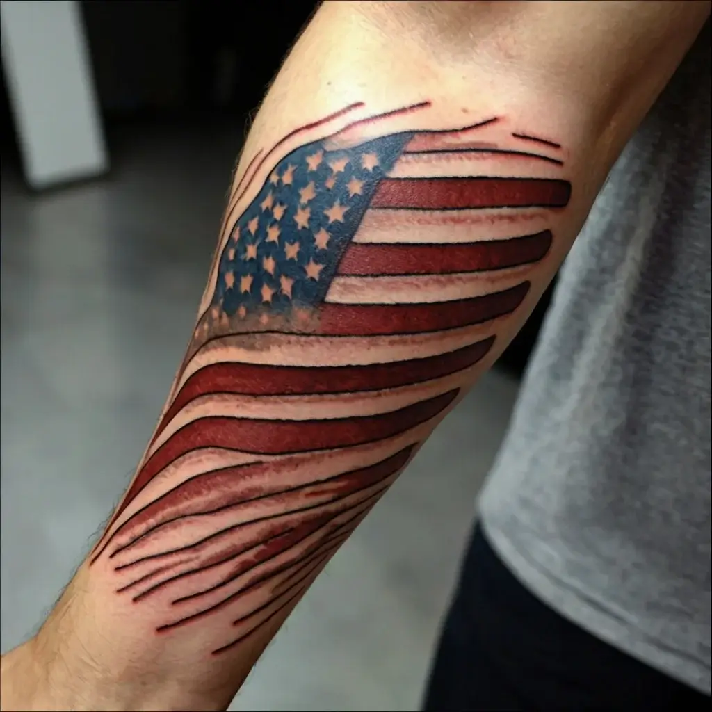 Tattoo of a waving American flag on forearm with realistic folds and detailed stars and stripes, showing movement and pride.