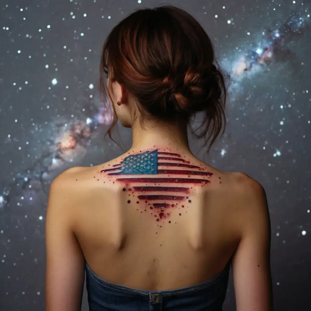 Tattoo of a U.S. flag on upper back with a modern, paint-splatter effect, blending into a cosmic starry background.