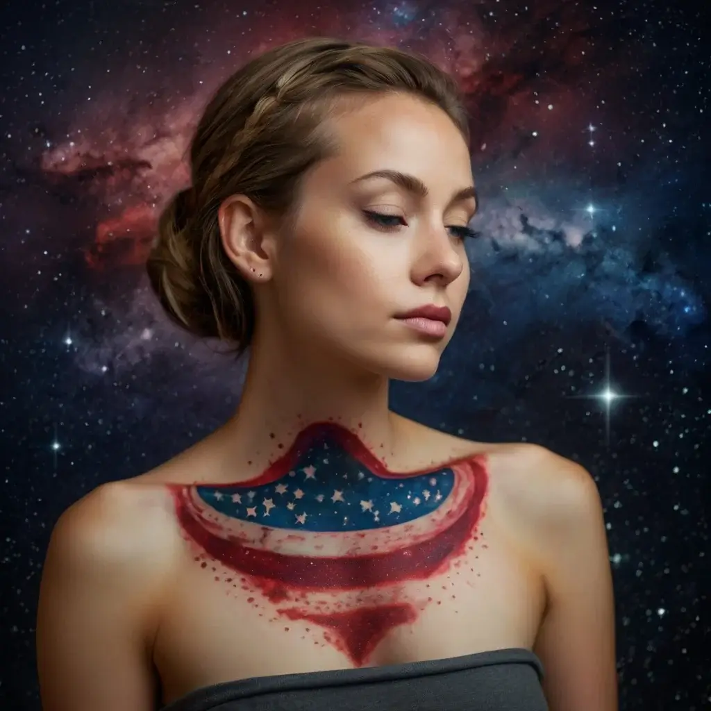 Neck tattoo of a stylized American flag with stars and stripes, blending into a cosmic backdrop, symbolizing unity and exploration.