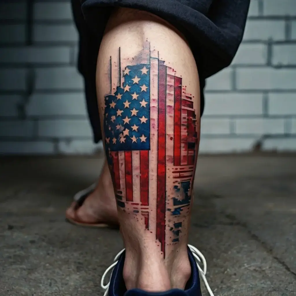 Tattoo of an American flag with a watercolor and abstract style, blending stars and stripes into the leg's lower calf area.