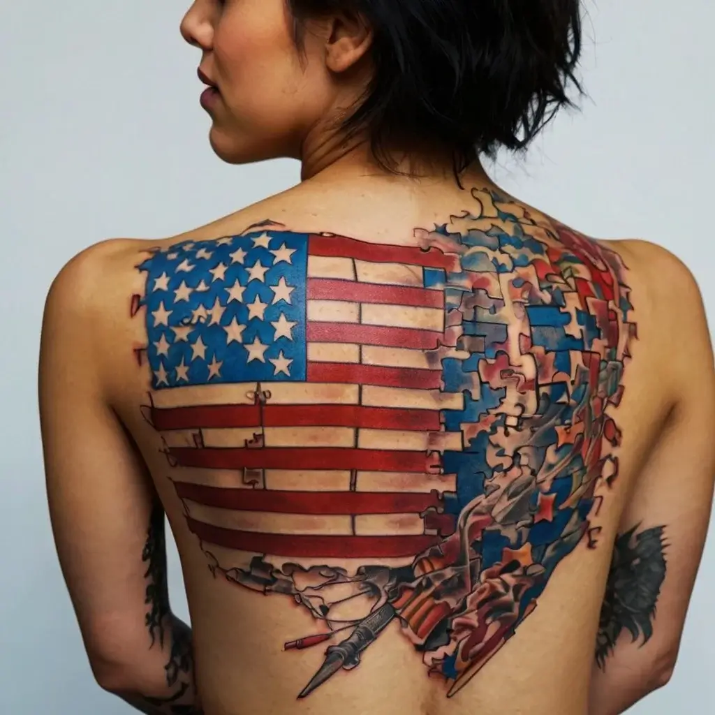 Puzzle piece tattoo of the American flag covering the upper back, featuring falling pieces and vibrant colors.