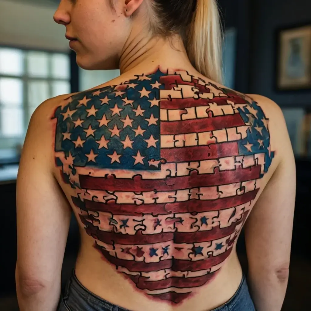 Back tattoo of a jigsaw puzzle forming an American flag, with detailed pieces emphasizing unity and complexity.