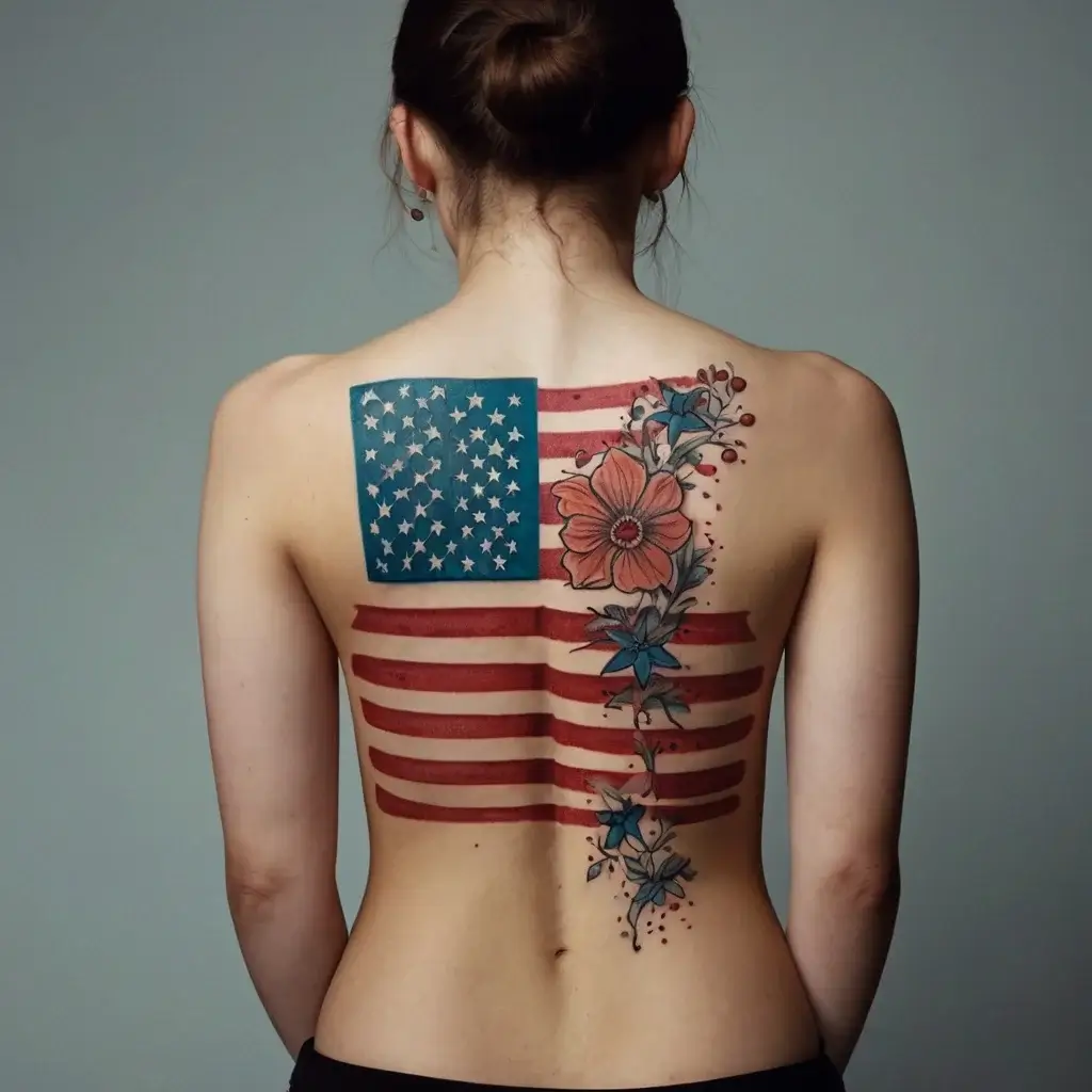 Tattoo of the American flag with vibrant flowers entwined over red stripes on the back; symbolizes patriotism and nature.