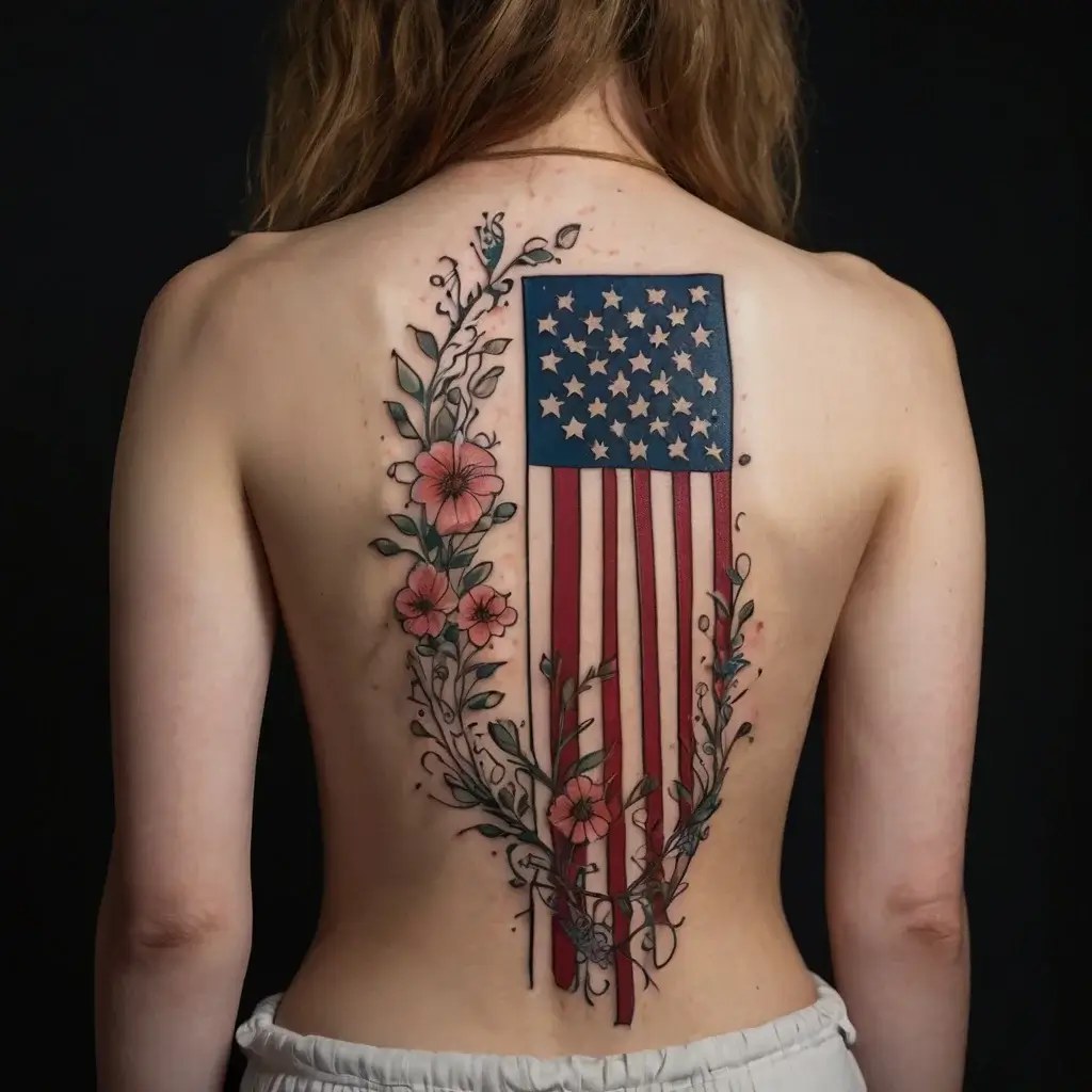 American flag tattoo with floral accents on back; stars and stripes intertwined with hibiscus and foliage.