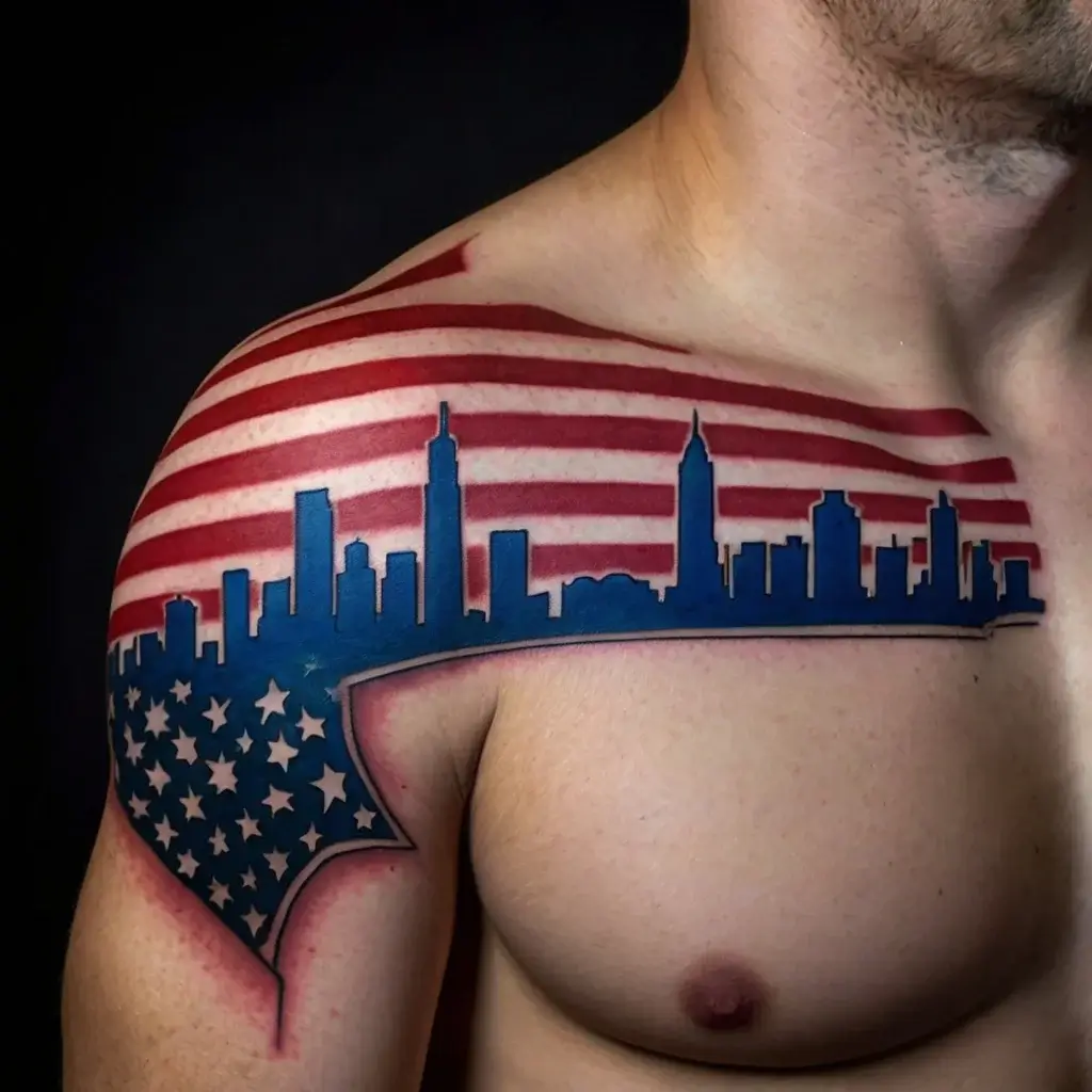 Tattoo of a city skyline overlaid with a stylized American flag, featuring stars and stripes, covering the chest and shoulder.