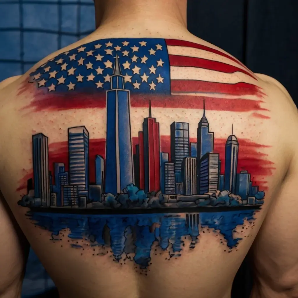 Back tattoo of a city skyline with the U.S. flag above, using red, white, and blue for a patriotic themed design.