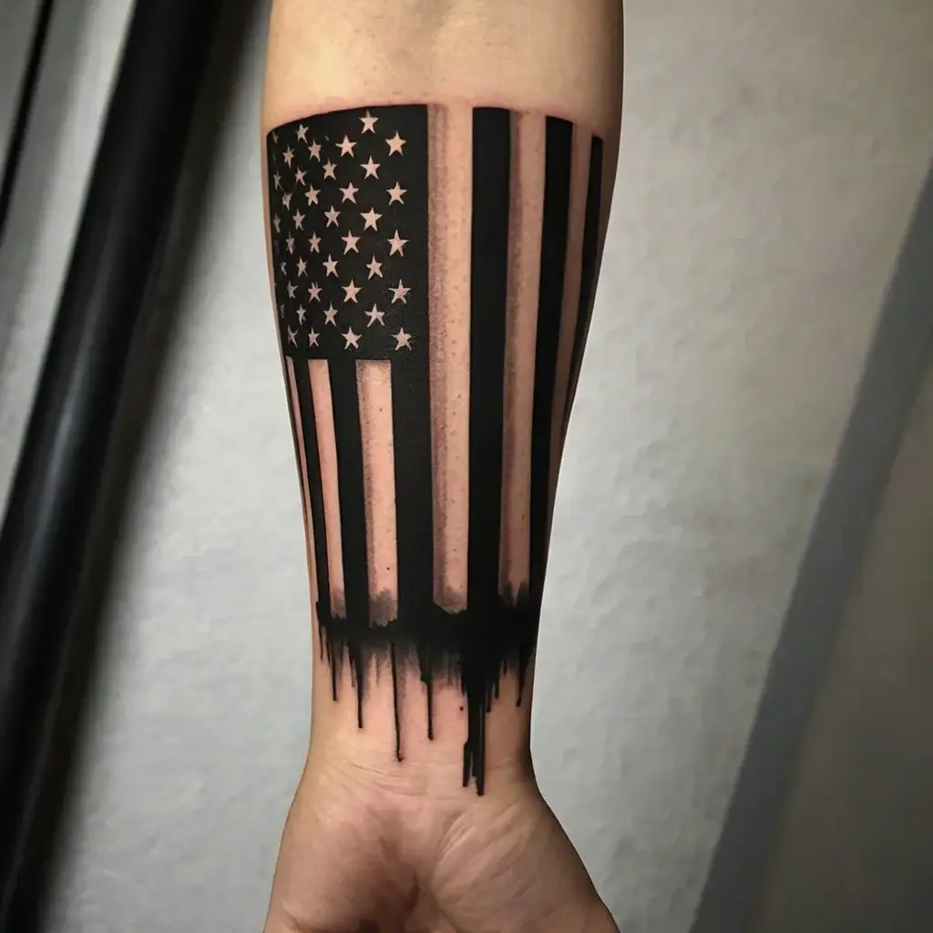 Tattoo of a black American flag with dripping stripes on the arm, blending realism and abstract art.