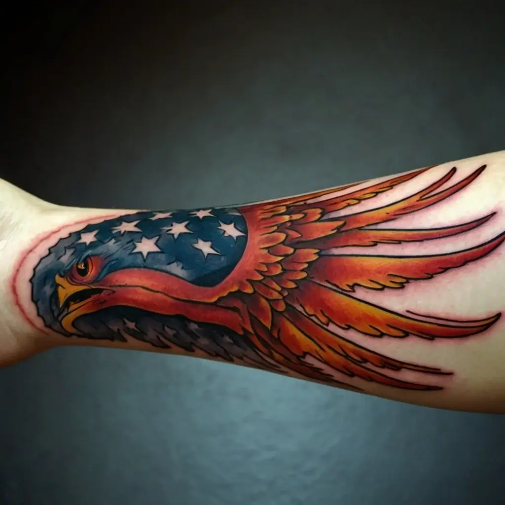 A vibrant tattoo of an eagle with outspread wings, blending American flag patterns, emphasizing patriotism and strength.