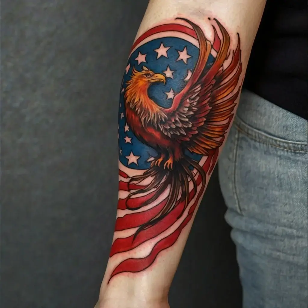 Vibrant eagle tattoo with open wings, set against a background of a flag and stars, symbolizing freedom and patriotism.