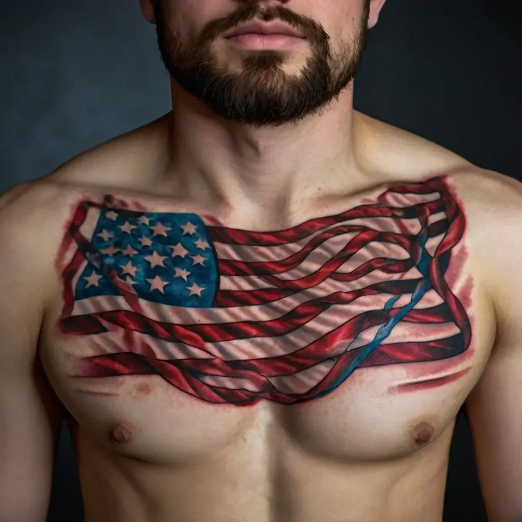 Tattoo of a realistic American flag across the chest, depicting flowing movement with vibrant red, white, and blue colors.