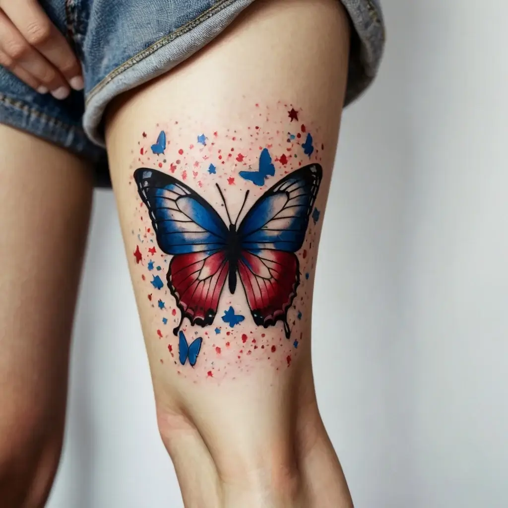 Butterfly tattoo with blue and red gradients, surrounded by mini butterflies and stars, creating a vibrant, dynamic design.