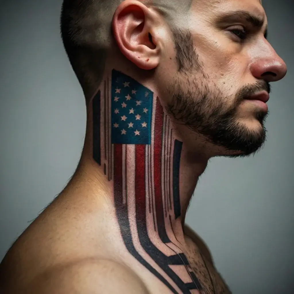 Tattoo of a stylized American flag cascading down the neck, with barcode-like lines creating a modern, bold look.