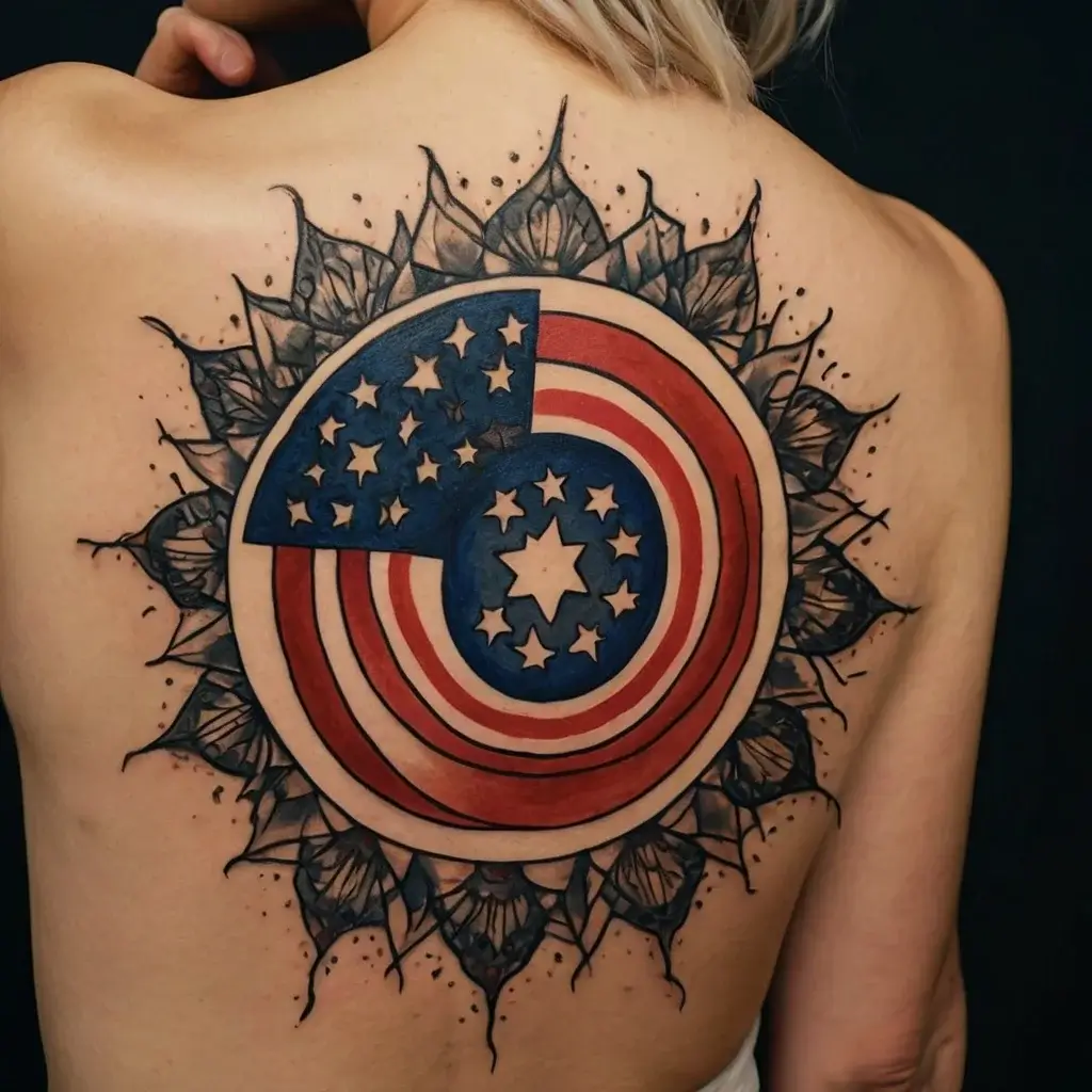 Circular tattoo with U.S. flag motif, red and blue segments, stars, surrounded by a mandala with leaf accents.