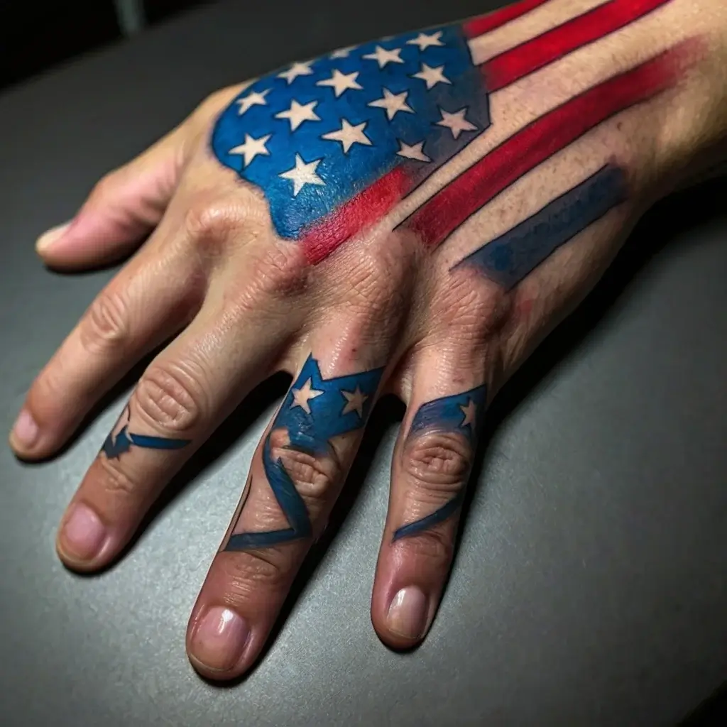 Hand tattoo with a U.S. flag design, featuring stars and stripes extending across fingers and wrist, enhancing patriotism.