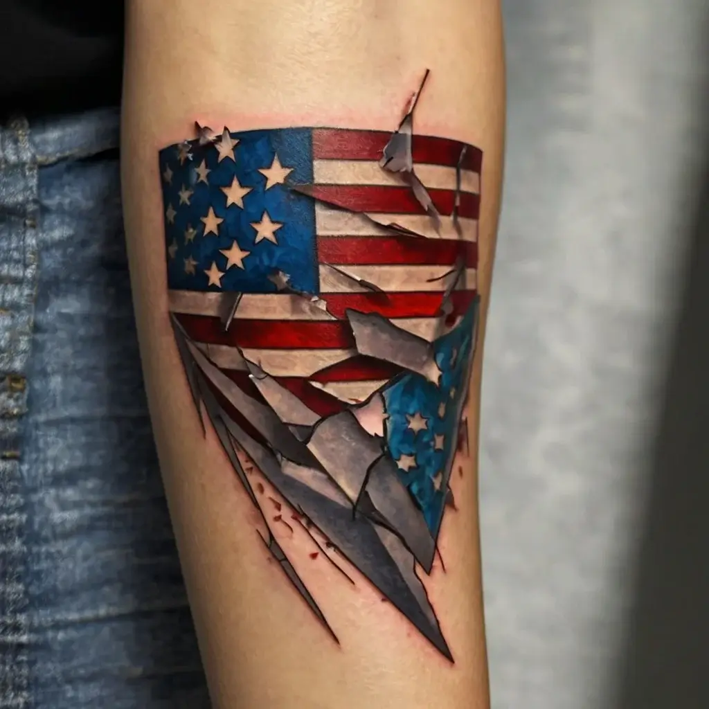 3D American flag tattoo with a broken, skin-ripping effect, revealing stars and stripes within a torn, jagged design.