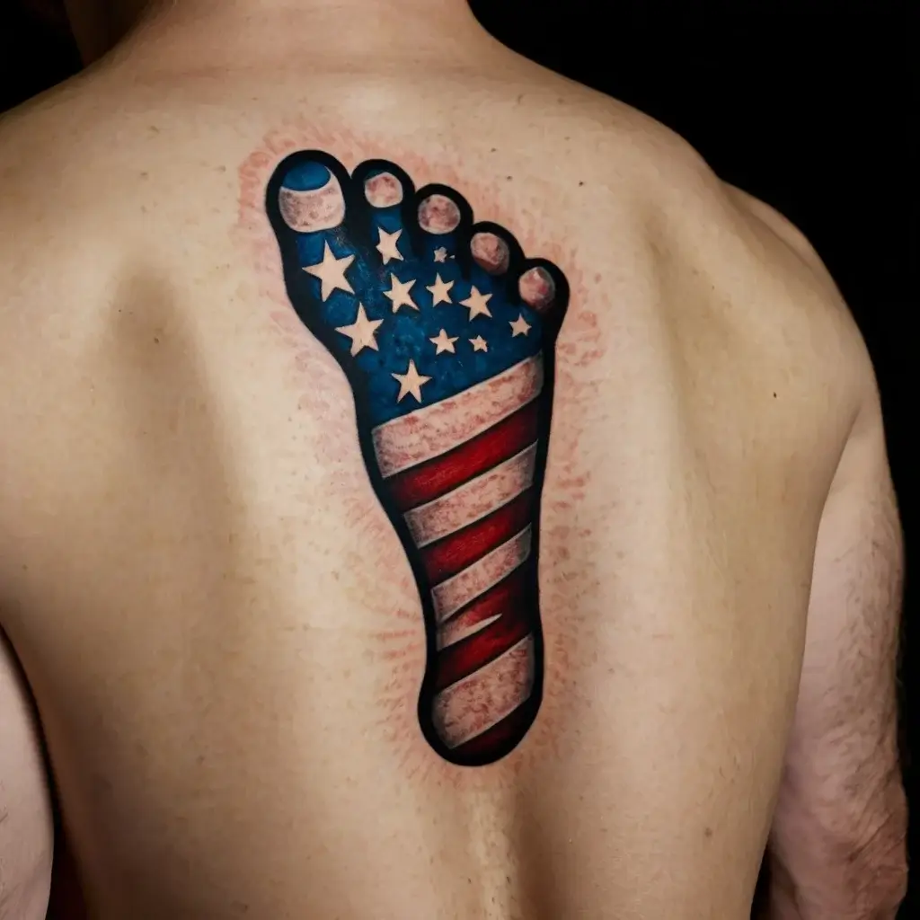 Tattoo of a foot imprint on the back, designed with stars and stripes in red, white, and blue, resembling the U.S. flag.