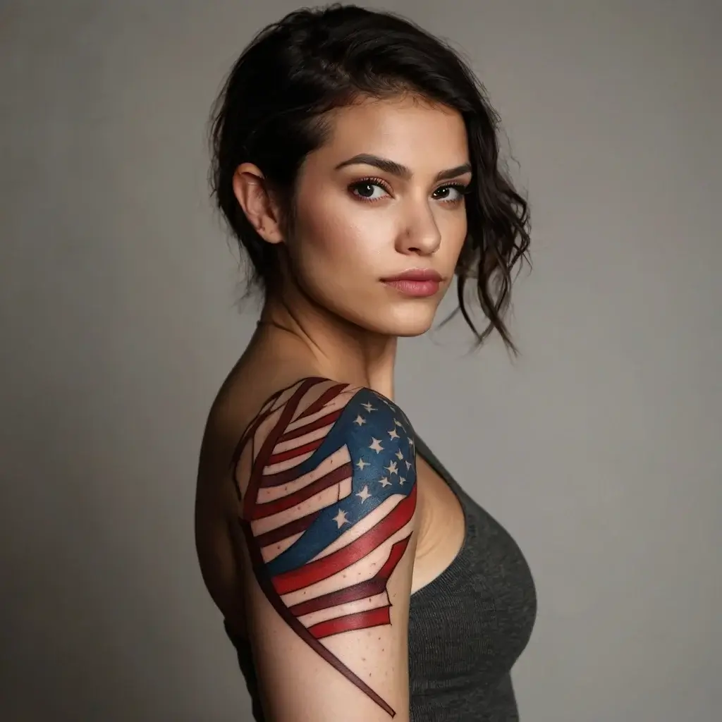 Tattoo of a torn American flag on the shoulder, featuring red, white, and blue with stars and stripes, symbolizing patriotism.