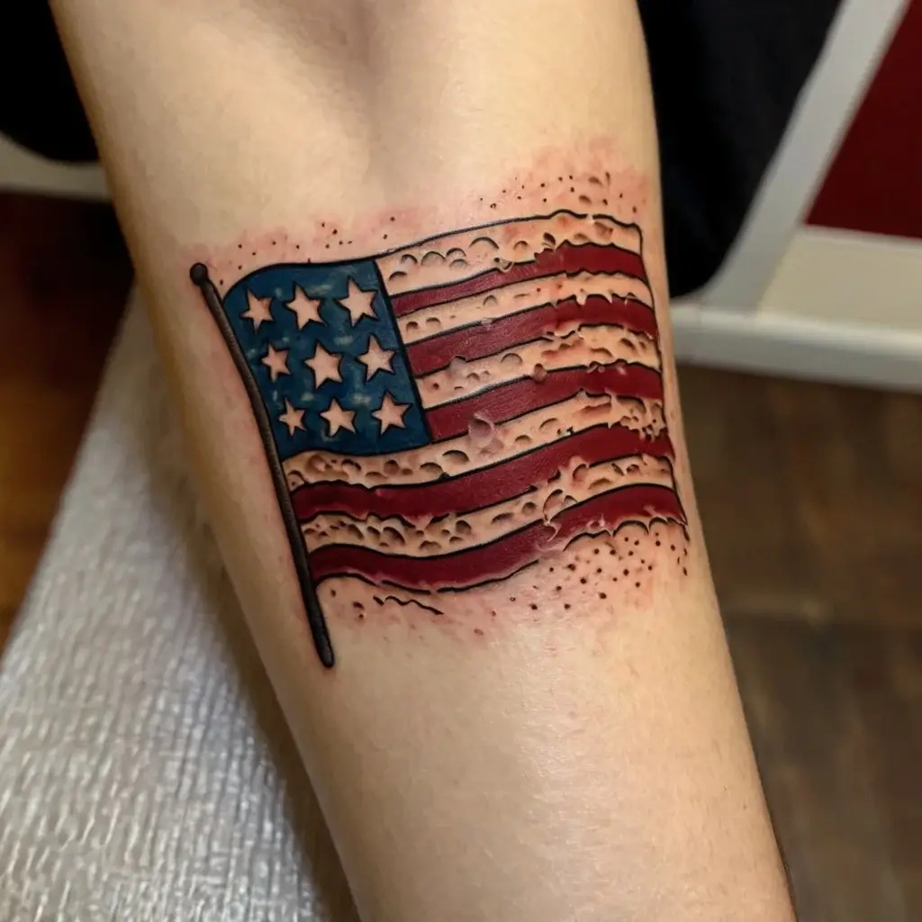 Tattoo of a ripped USA flag with textured shading and bold colors, creating a 3D illusion of realism on the skin.