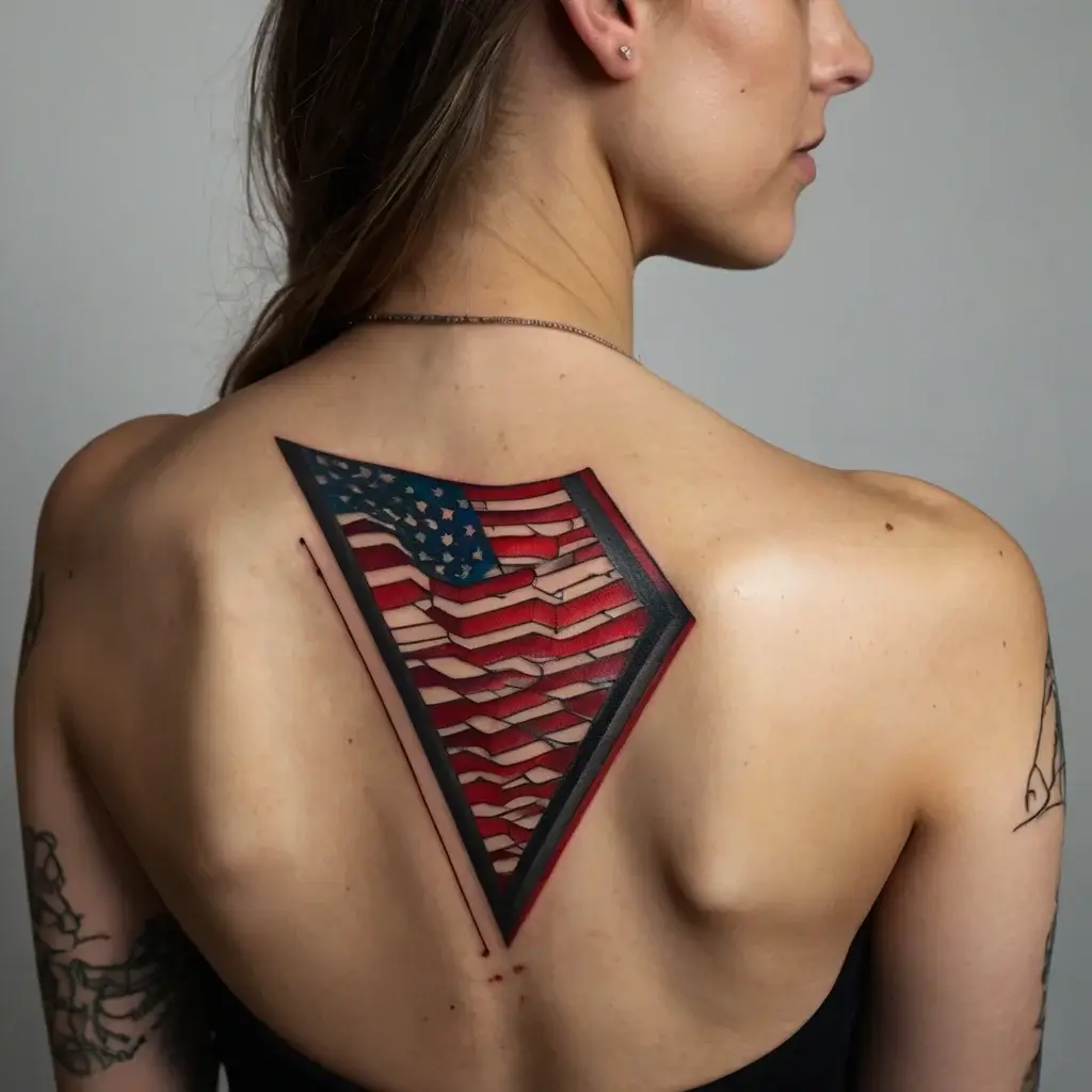 Geometric tattoo on upper back with a 3D effect, featuring a stylized U.S. flag design inside a triangular frame.