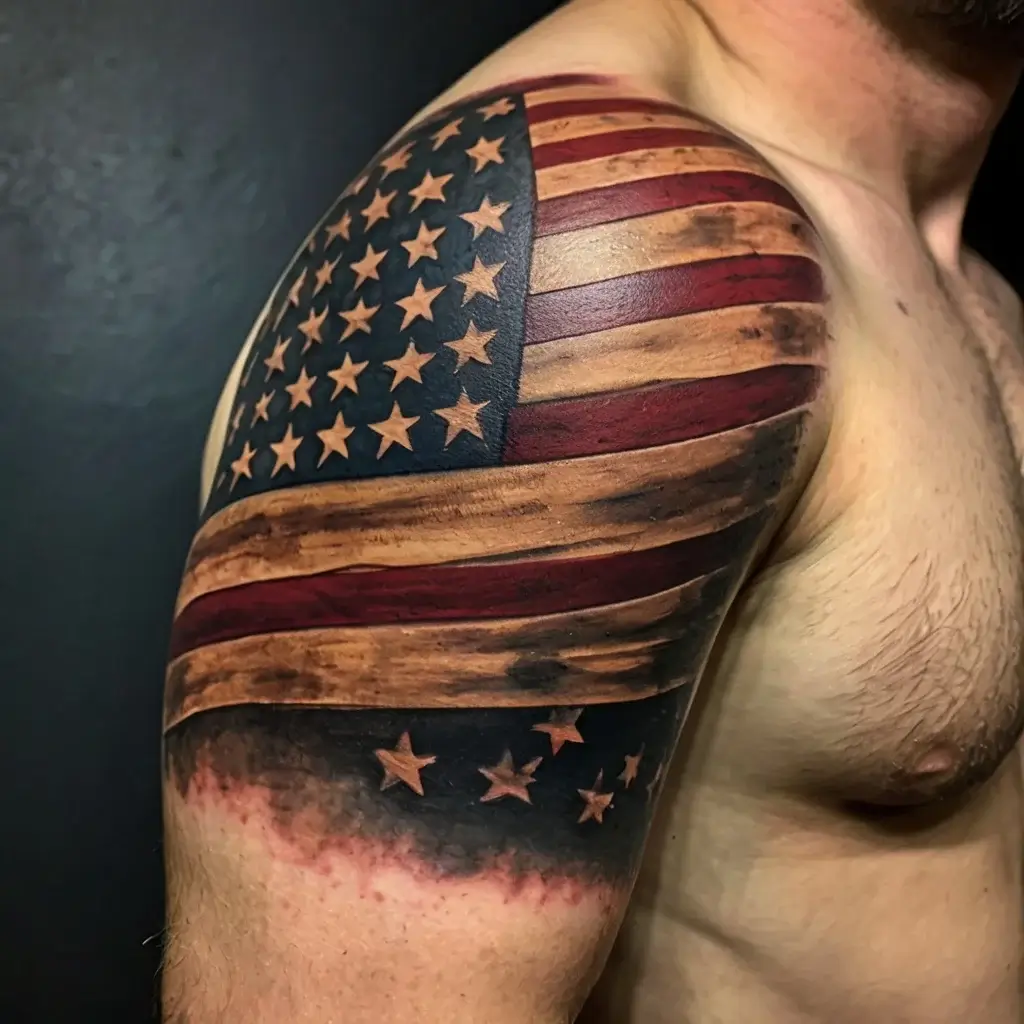 American flag tattoo on a shoulder, with weathered stripes and stars, blending into skin for a 3D worn effect.